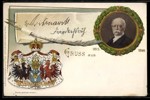 Lithographie Portrait von Bismarck, Wappen, Ganzsache