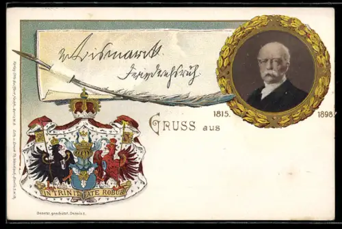 Lithographie Portrait von Bismarck in vergoldetem Rahmen, Wappen, Ganzsache