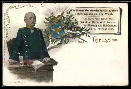 AK Bismarck am Schreibtisch stehend, Zitat aus der 30. Reichstagssitzung Wir Deutsche fürchten Gott..., Ganzsache