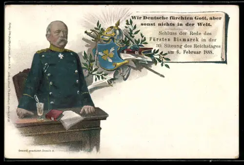 AK Bismarck am Schreibtisch, Zitat aus der 30. Reichstagssitzung Wir Deutsche fürchten Gott..., Ganzsache