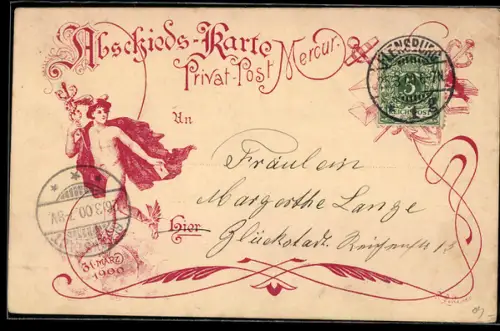 AK Hannover, Privatpost Merkur 1900, Private Stadtpost, Hermes mit einem Brief