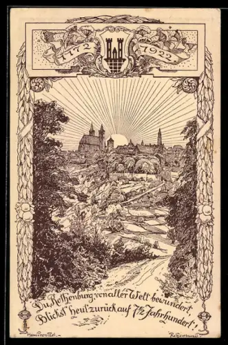 Künstler-AK Ganzsache PP52 C6: Rothenburg o. Tbr., Festpostkarte zur 750 Jahrfeier, Stadt bei Sonnenaufgang