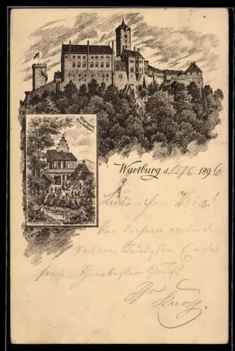 Lithographie Wartburg, Blick zur Wartburg, Restaurant Wartburg, Ganzsache