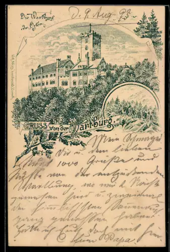 Vorläufer-Lithographie Wartburg, 1893, Ansicht von Osten, Ganzsache