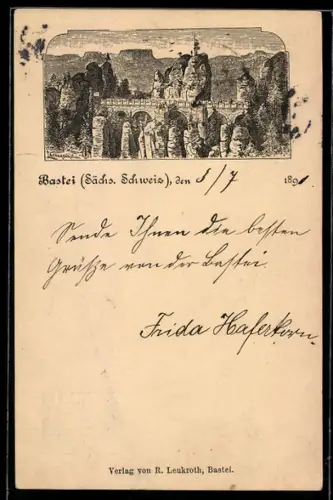 Vorläufer-Lithographie Bastei /Sächs. Schweiz, 1890, Viadukt an den Felsen, Ganzsache