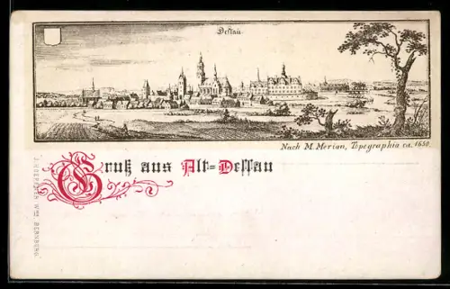 Lithographie Alt-Dessau, Teilansicht mit Kirche nach Merian