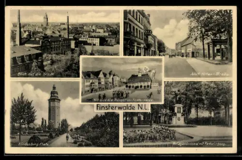 AK Finsterwalde N.L., Kriegerdenkmal, Strasse, Hindenburg-Platz