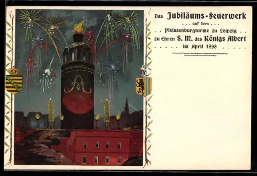 Lithographie Leipzig, Jubiläums-Feuerwerk auf dem Pleissenburgturm zu Ehren S. M. des Königs Albert 1898