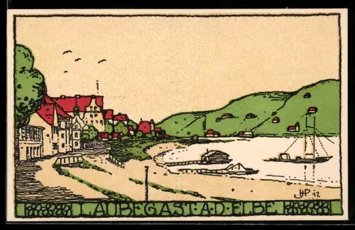 Steindruck-AK Dresden-Laubegast, Panoramablick auf den Ort an der Elbe