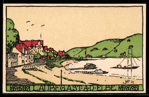 Steindruck-AK Dresden-Laubegast, Panoramablick auf den Ort an der Elbe