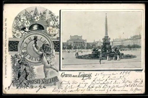 AK Leipzig, Strassenpartie mit Brunnen, Englein an Uhr, Neujahrsgruss