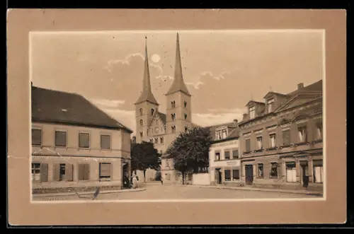 AK Grimma i. Sa., Leipziger Strasse mit Kirche bei Mondschein