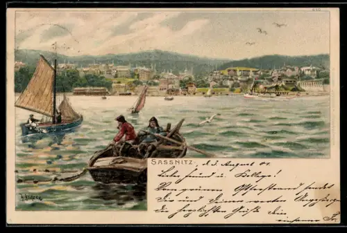 Lithographie Sassnitz, Fischer fahren auf See m. ihren Booten