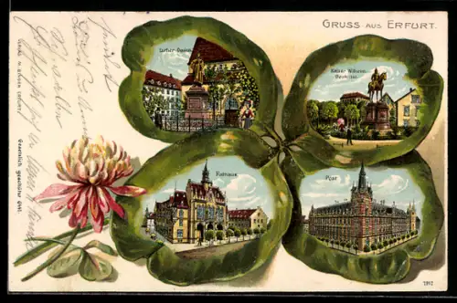 Passepartout-Lithographie Erfurt, Post, Luther-Denkmal, Rathaus, Kleeblatt