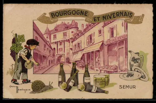 AK Semur, Bourgogne et Nivernais, illustration de rue avec escargots et vins