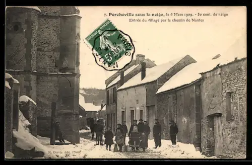 AK Porcheville, Entrée du village sous la neige par le chemin de Nantes le 6 mars 1909