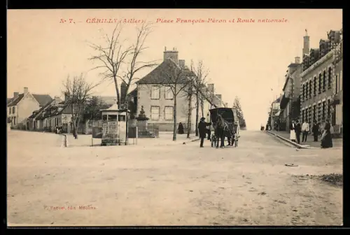 AK Cérilly /Allier, Place Francois-Péron et Route nationale avec charrette tirée par des chevaux