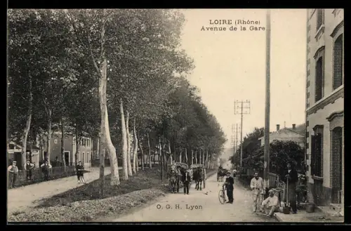 AK Loire /Rhône, Avenue de la Gare animée avec passants et cyclistes