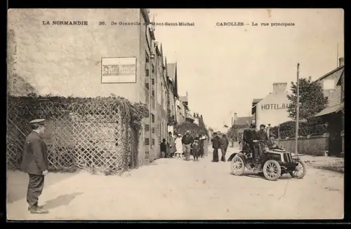 AK Carolles, La rue principale avec une voiture ancienne et des passants