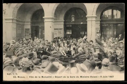 AK Meaux, Fête de la Mutualité, Départ de la Gare du Ministre Viviani, 9 Juin 1907