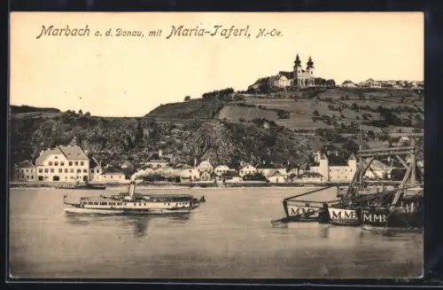 AK Marbach a. d. Donau, Ufer mit Schiffen und Maria-Taferl