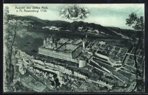 AK Melk, Stift und Altstadt, historische Ansicht 1736, Wappen