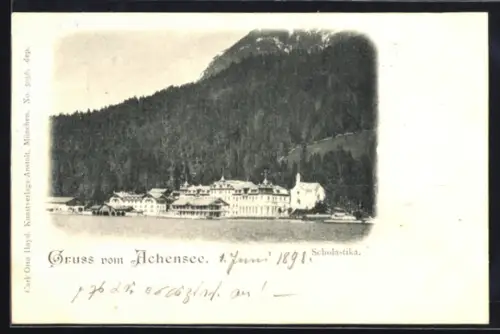 AK Scholastika /Achensee, Ortsansicht vom Wasser aus