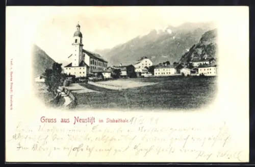 AK Neustift im Stubaithale, Ortsansicht mit Kirche und Gebirgspanorama