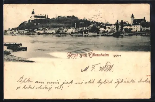 AK Ottensheim, Ortspanorama vom Wasser aus
