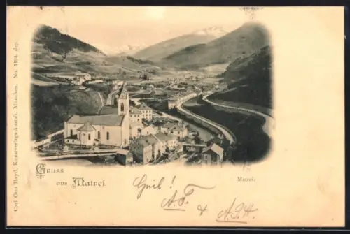 AK Matrei, Panorama mit Kirche und Ort im Tal