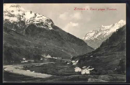 AK Sölden i. Tirol, Panorama mit Dorf, Kirche und Bergen