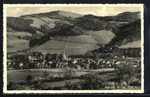 AK Aspang /N.-Ö., Ortspanorama mit Kirche und Berglandschaft
