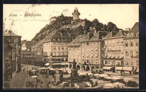 AK Graz, Hauptplatz mit Schlossberg und Uhrturm, Marktbetrieb