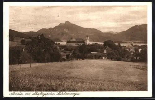 AK Mondsee /Salzkammergut, Ortsansicht mit Schafbergspitze