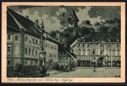 Künstler-AK Graz, Karmeliterplatz mit Schlossberg-Aufgang