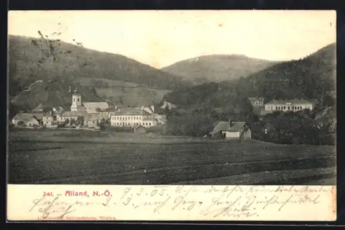 AK Alland /N.-Ö., Panorama mit Kirche und Gehöften