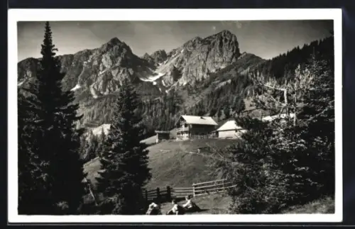 AK Mutterer Alm bei Innsbruck, Almhütten und Bergpanorama