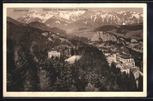 AK Semmering, Waldhof und Südbahnhotel mit Raxalpe