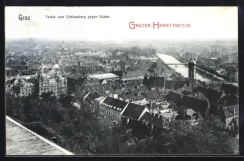 AK Graz, Totale vom Schlossberg gegen Süden, Grazer Herbstmesse