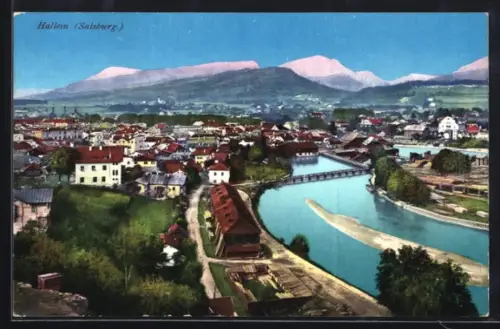 AK Hallein /Salzburg, Panorama mit Fluss und Brücke
