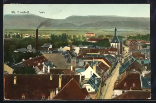 AK Wr. Neustadt, Totalansicht mit Kirche und Strassenansicht