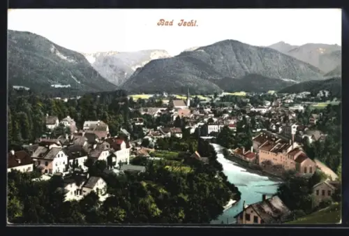 AK Bad Ischl, Panorama mit Fluss, Kirche und Bergkulisse