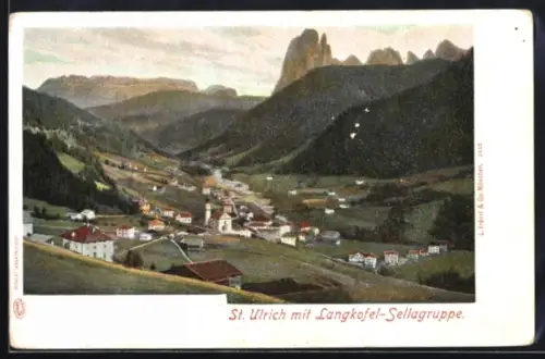 AK St. Ulrich in Gröden, Panorama mit Langkofel-Sellagruppe