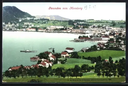 AK Gmunden, Panorama mit See und Bergen vom Moosberg aus gesehen