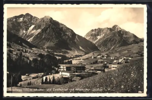 AK Hirschegg, Panorama mit Elfer- und Zwölferkopf und Widderstein