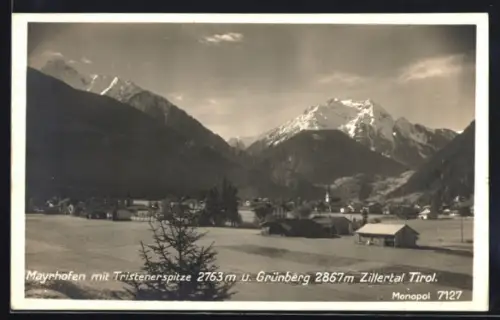 AK Mayrhofen /Zillertal, Panorama mit Tristener Spitze und Grünberg