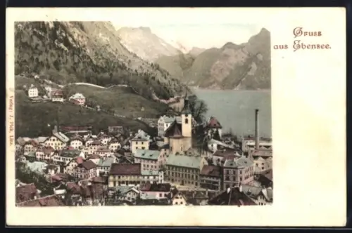 AK Ebensee, Panorama mit Kirche und See