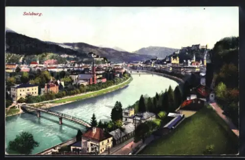 AK Salzburg, Panorama mit Salzach, Brücken und Festung Hohensalzburg