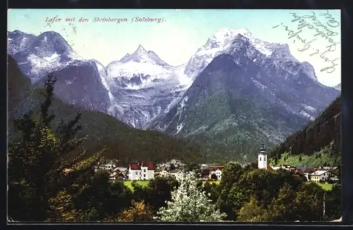 AK Lofer /Salzburg, Panorama mit Kirche und Steinbergen