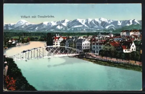 AK Villach, Draubrücke und Stadt mit Gebirgspanorama